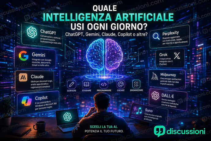 Quale intelligenza artificiale usi ogni giorno ChatGPT, Gemini, Claude, Copilot o altre | discussioni.com